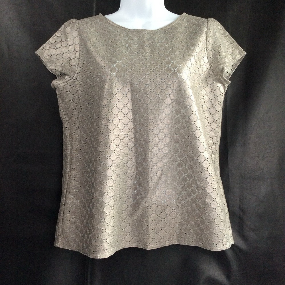 LOFT Petite Lace Shell Top Short Sleeve Silver Sparkle Metallic Women SP Party